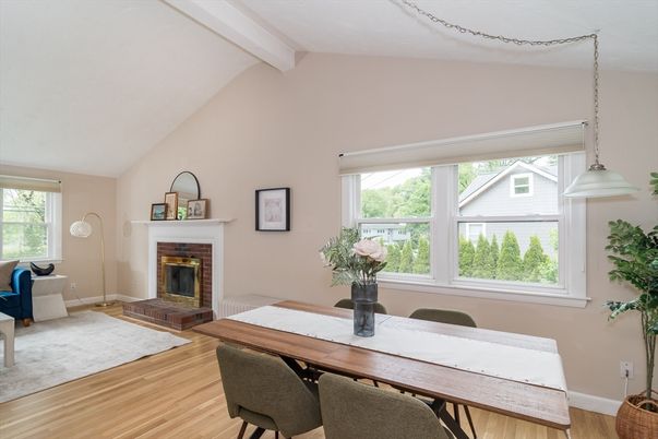 Dining room, Fireplace, Interior, Pendant Lights, Wood Texture Flooring