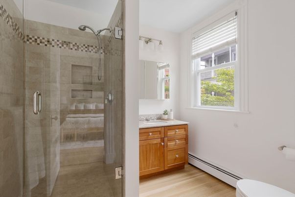 Bathroom, Glass Shower, Interior, Wood Texture Flooring