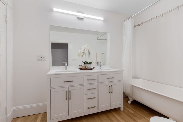 Bathroom, Dual Sink Vanities, Free Standing Baths, Interior, Wood Texture Flooring