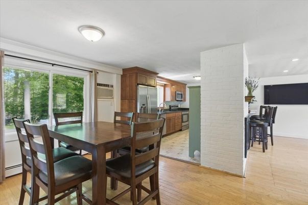 Dining room, Interior, Kitchen, Recessed Lighting, Stainless Steel Appliances, Wood Texture Flooring