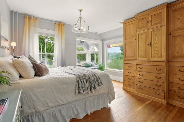 Bedroom, Interior, Pendant Lights, Wood Texture Flooring