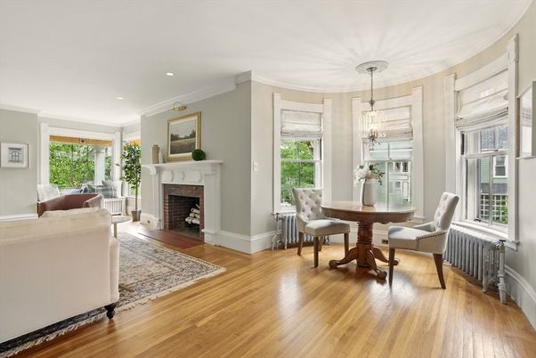 Chandelier, Fireplace, Home Office, Interior, Living room, Pendant Lights, Recessed Lighting, Wood Texture Flooring