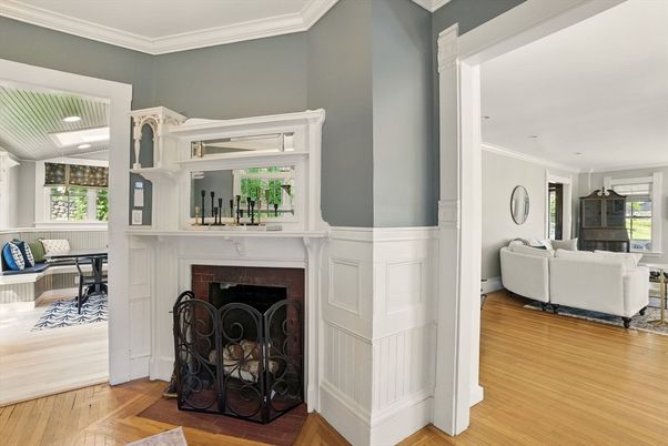 Fireplace, Interior, Living room, Recessed Lighting, Wood Texture Flooring
