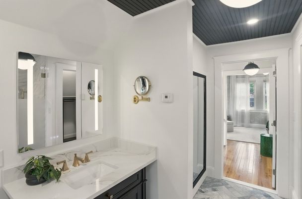 Bathroom, Interior, Marble Walls, Recessed Lighting, Wood Texture Flooring