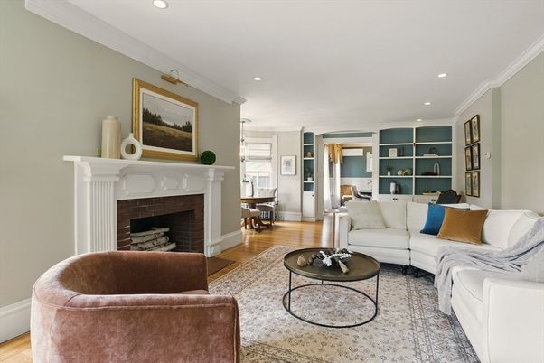 Fireplace, Interior, Living room, Recessed Lighting, Wood Texture Flooring