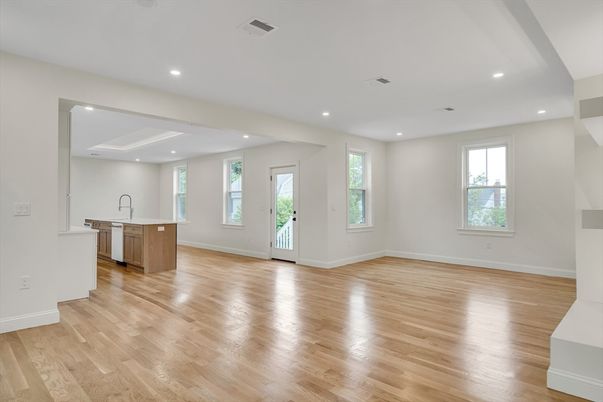 Empty room, Interior, Kitchen, Recessed Lighting, Wood Texture Flooring