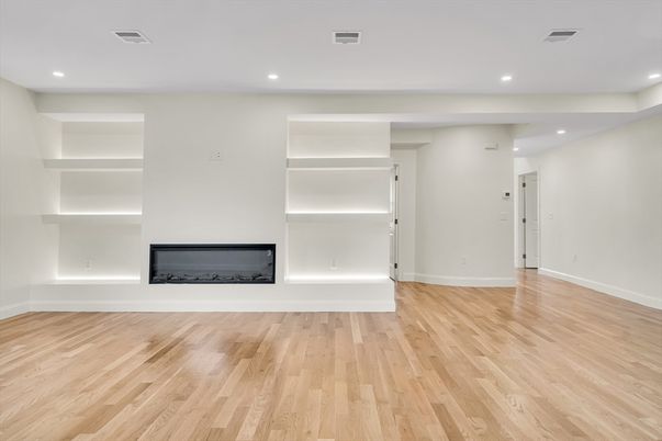 Empty room, Fireplace, Interior, Recessed Lighting, Wood Texture Flooring