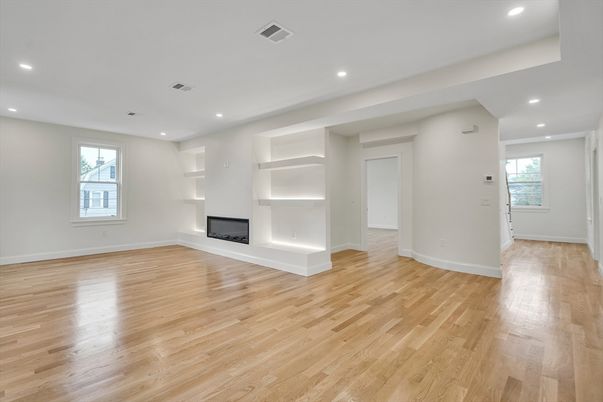 Empty room, Fireplace, Interior, Recessed Lighting, Wood Texture Flooring
