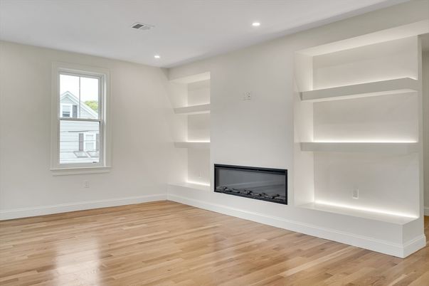 Empty room, Fireplace, Interior, Recessed Lighting, Wood Texture Flooring