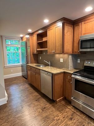 Interior, Kitchen, Recessed Lighting, Stainless Steel Appliances, Wood Texture Flooring
