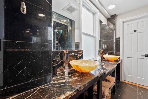 Bathroom, Glass Shower, Interior, Marble Walls, Recessed Lighting