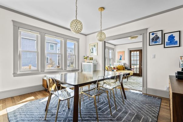 Dining room, Interior, Pendant Lights, Wood Texture Flooring