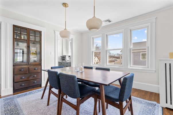 Dining room, Interior, Pendant Lights, Wood Texture Flooring