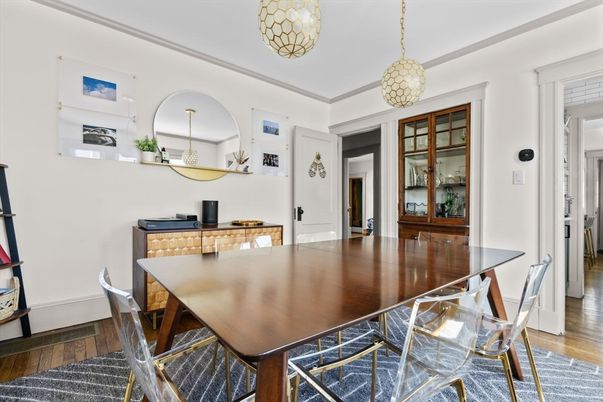 Dining room, Interior, Pendant Lights, Wood Texture Flooring