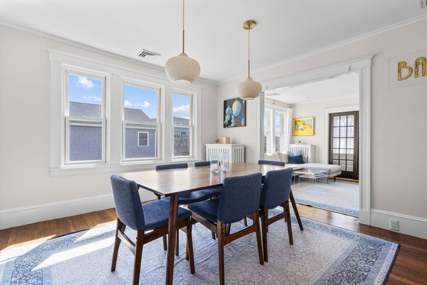 Dining room, Interior, Pendant Lights, Wood Texture Flooring