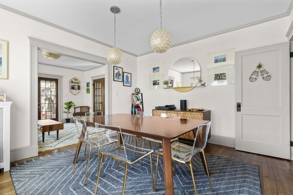 Dining room, Interior, Pendant Lights, Wood Texture Flooring