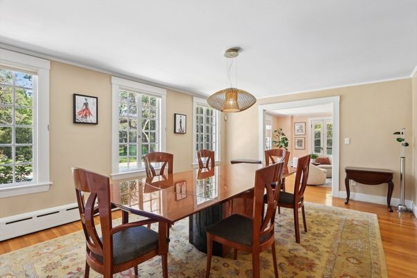 Dining room, Interior, Pendant Lights, Wood Texture Flooring