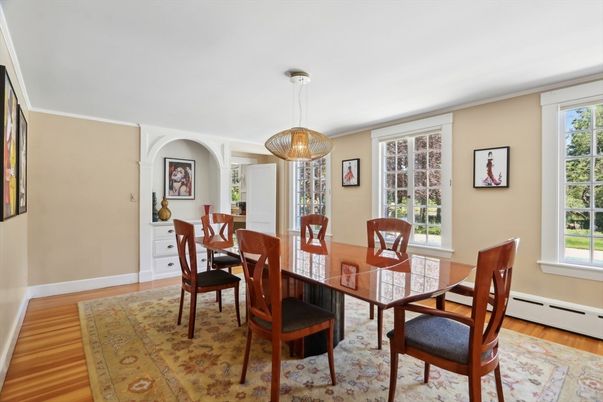 Dining room, Interior, Pendant Lights, Wood Texture Flooring