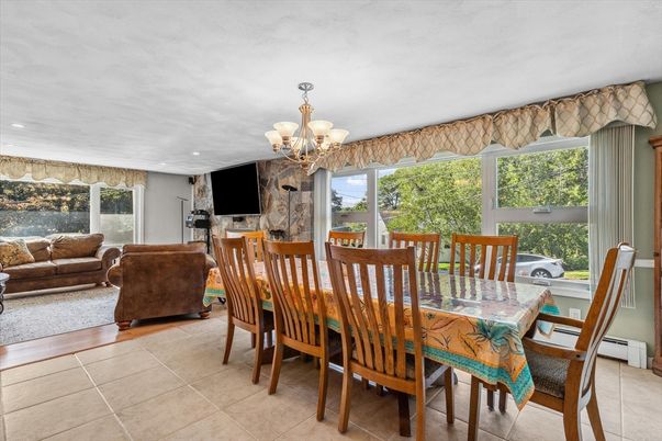 Chandelier, Dining room, Fireplace, Interior, Living room, Recessed Lighting