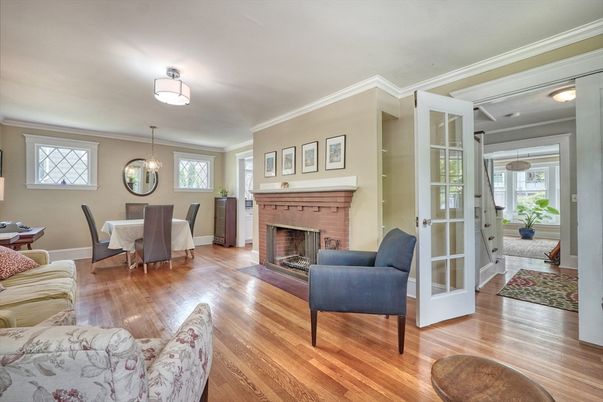 Dining room, Fireplace, Interior, Pendant Lights, Wood Texture Flooring