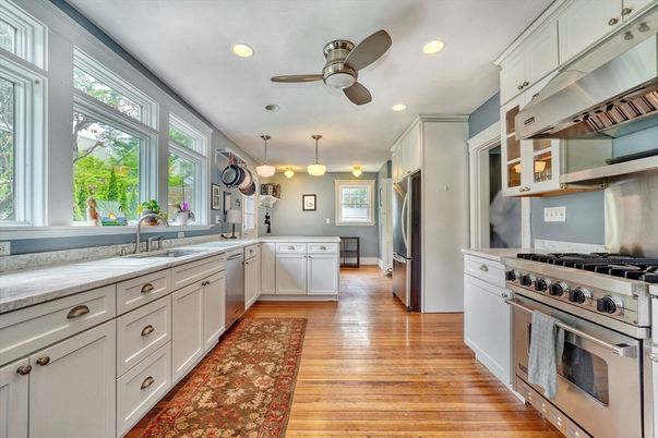 Interior, Kitchen, Pendant Lights, Recessed Lighting, Stainless Steel Appliances, Wood Texture Flooring