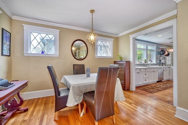 Dining room, Interior, Pendant Lights, Recessed Lighting, Wood Texture Flooring