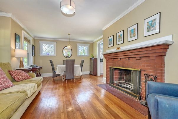Dining room, Fireplace, Interior, Pendant Lights, Wood Texture Flooring