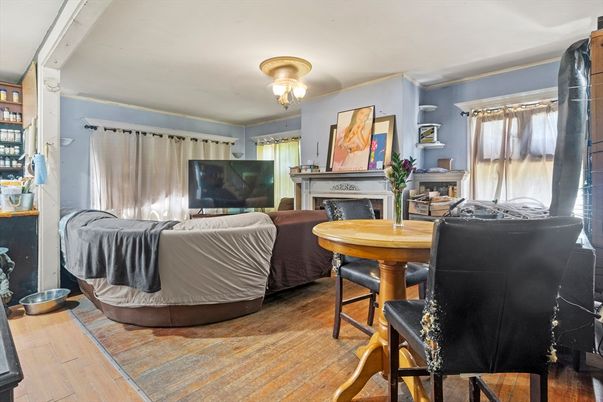 Dining room, Fireplace, Interior, Wood Texture Flooring