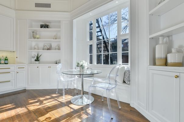 Dining room, Interior, Recessed Lighting, Wood Texture Flooring