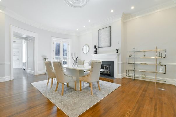 Dining room, Fireplace, Interior, Recessed Lighting, Wood Texture Flooring