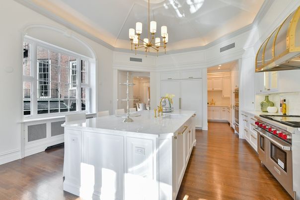 Chandelier, Interior, Kitchen, Pendant Lights, Recessed Lighting, Stainless Steel Appliances, Wood Texture Flooring