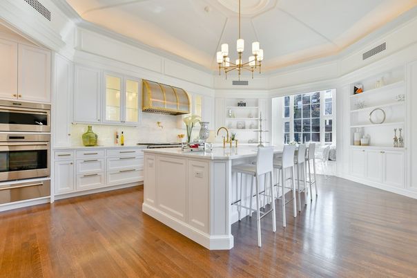 Chandelier, Interior, Kitchen, Pendant Lights, Stainless Steel Appliances, Wood Texture Flooring