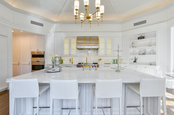 Chandelier, Interior, Kitchen, Recessed Lighting, Stainless Steel Appliances, Wood Texture Flooring