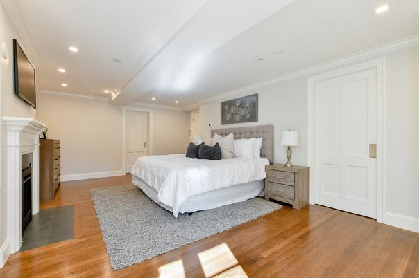 Bedroom, Fireplace, Interior, Recessed Lighting, Wood Texture Flooring