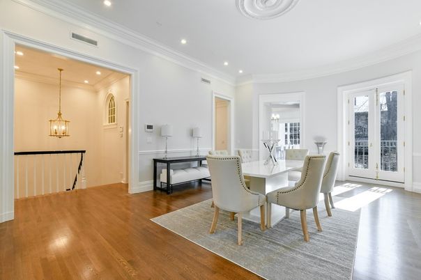 Dining room, Interior, Pendant Lights, Recessed Lighting, Wood Texture Flooring