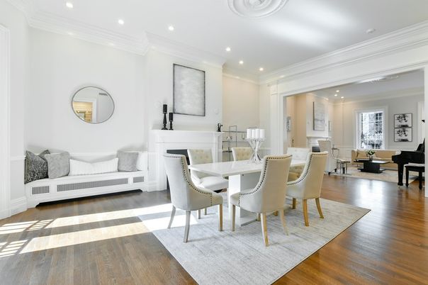 Dining room, Fireplace, Interior, Living room, Piano, Recessed Lighting, Wood Texture Flooring