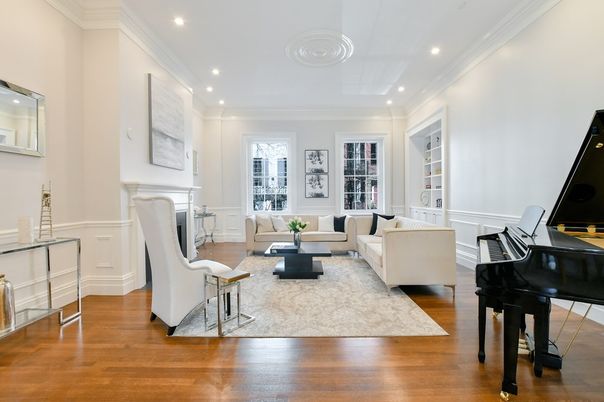 Fireplace, Interior, Living room, Piano, Recessed Lighting, Wood Texture Flooring