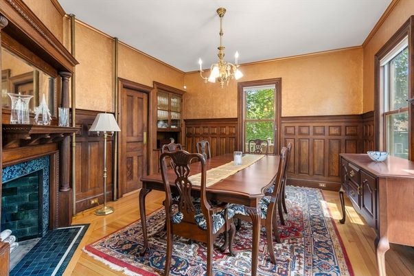 Chandelier, Dining room, Fireplace, Interior, Pendant Lights, Wood Texture Flooring