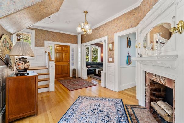 Fireplace, Interior, Pendant Lights, Wood Texture Flooring