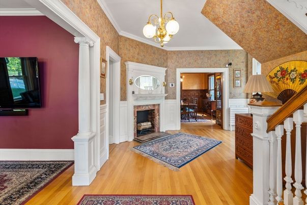 Fireplace, Interior, Pendant Lights, Wood Texture Flooring