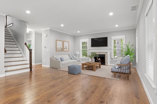 Fireplace, Interior, Living room, Recessed Lighting, Wood Texture Flooring
