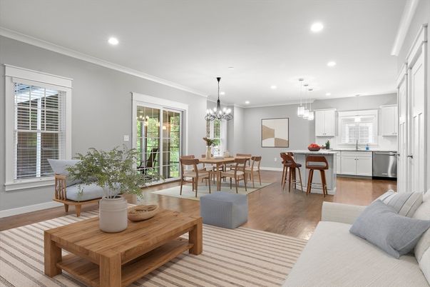 Dining room, Interior, Kitchen, Pendant Lights, Recessed Lighting, Wood Texture Flooring