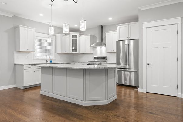 Interior, Kitchen, Pendant Lights, Recessed Lighting, Stainless Steel Appliances, Wood Texture Flooring