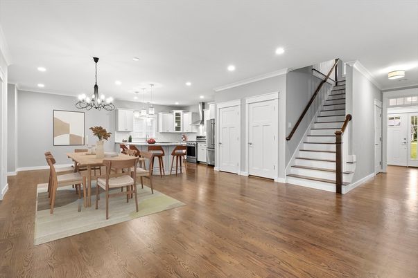 Chandelier, Dining room, Interior, Kitchen, Pendant Lights, Recessed Lighting, Wood Texture Flooring