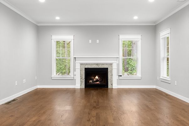 Empty room, Fireplace, Interior, Recessed Lighting, Wood Texture Flooring