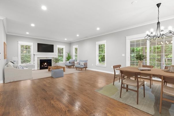 Chandelier, Dining room, Fireplace, Interior, Living room, Recessed Lighting, Wood Texture Flooring
