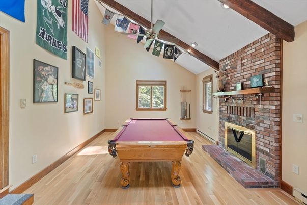 Billiard Table, Fireplace, Game Room, Interior, Recessed Lighting, Stone Walls, Wooden Beams, Wood Texture Flooring
