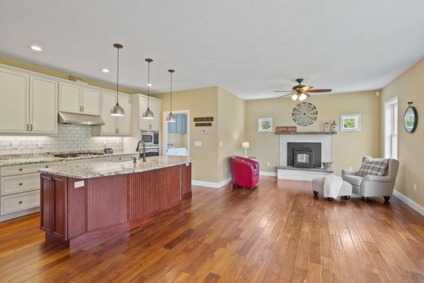 Fireplace, Interior, Kitchen, Living room, Pendant Lights, Recessed Lighting, Wood Texture Flooring