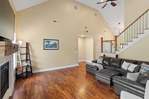 Fireplace, Interior, Living room, Recessed Lighting, Wood Texture Flooring