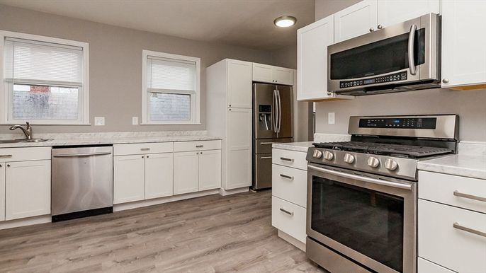 Interior, Kitchen, Recessed Lighting, Stainless Steel Appliances, Wood Texture Flooring